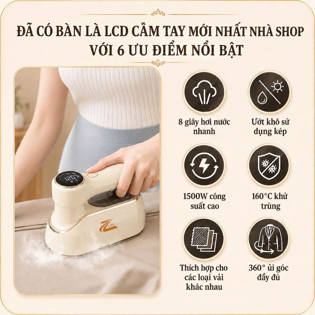 Bàn ủi hơi nước cầm tay Zlife chính hãng, Bàn là hơi nước mini công suất lớn 1500w gấp gọn 180°