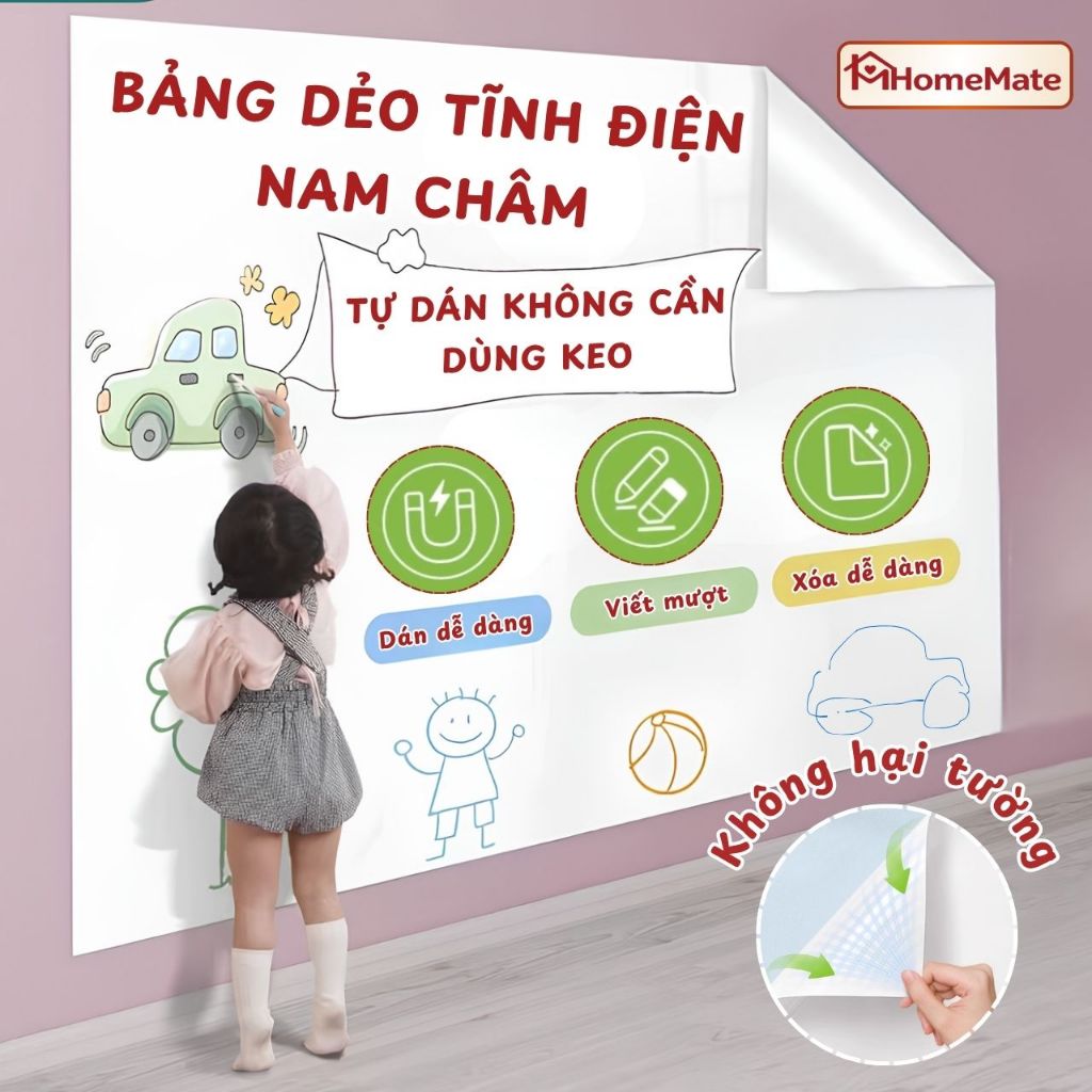 [TẶNG BÚT] Bảng Trắng Dán Tường Không Keo – Bảng Viết Bút Lông Từ Tính, Tĩnh Điện, Dễ Lau, Không Hại Tường, Tái Sử Dụng