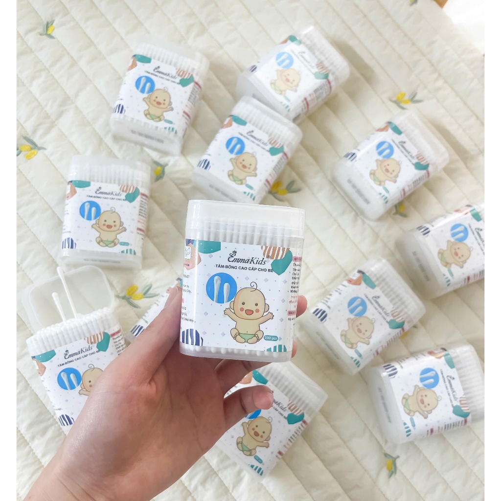 Tăm Bông Emmakids Hộp 200 Cái  Cho Bé Sơ Sinh – Bông Mềm An Toàn, 2 Đầu Linh Hoạt - Cocoro BaBy