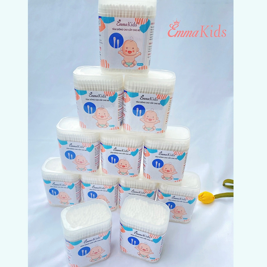 Tăm Bông Emmakids Hộp 200 Cái  Cho Bé Sơ Sinh – Bông Mềm An Toàn, 2 Đầu Linh Hoạt - Cocoro BaBy