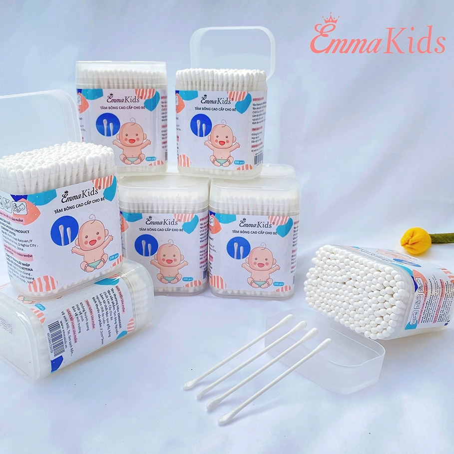 Tăm Bông Emmakids Hộp 200 Cái  Cho Bé Sơ Sinh – Bông Mềm An Toàn, 2 Đầu Linh Hoạt - Cocoro BaBy