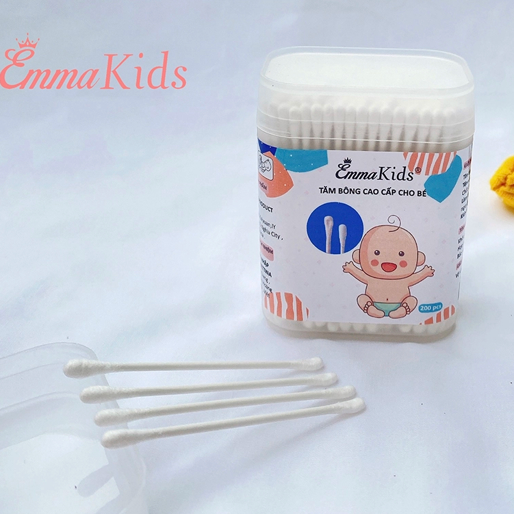 Tăm Bông Emmakids Hộp 200 Cái  Cho Bé Sơ Sinh – Bông Mềm An Toàn, 2 Đầu Linh Hoạt - Cocoro BaBy