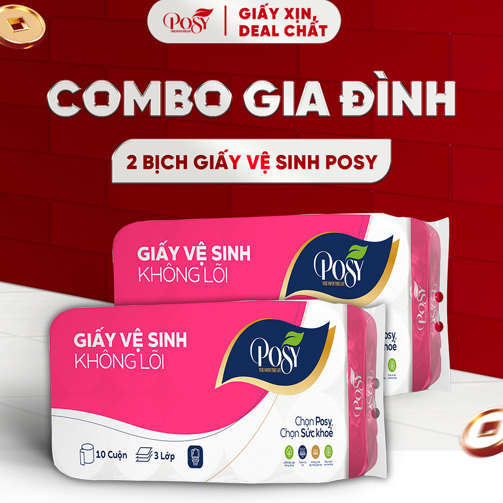 POSY_[COMBO GIA ĐÌNH] - MUA 2 BỊCH GVS POSY 10 CUỘN 3 LỚP CÓ LÕI - KHÔNG LÕI mềm mịn, tiết kiệm cho gia đình