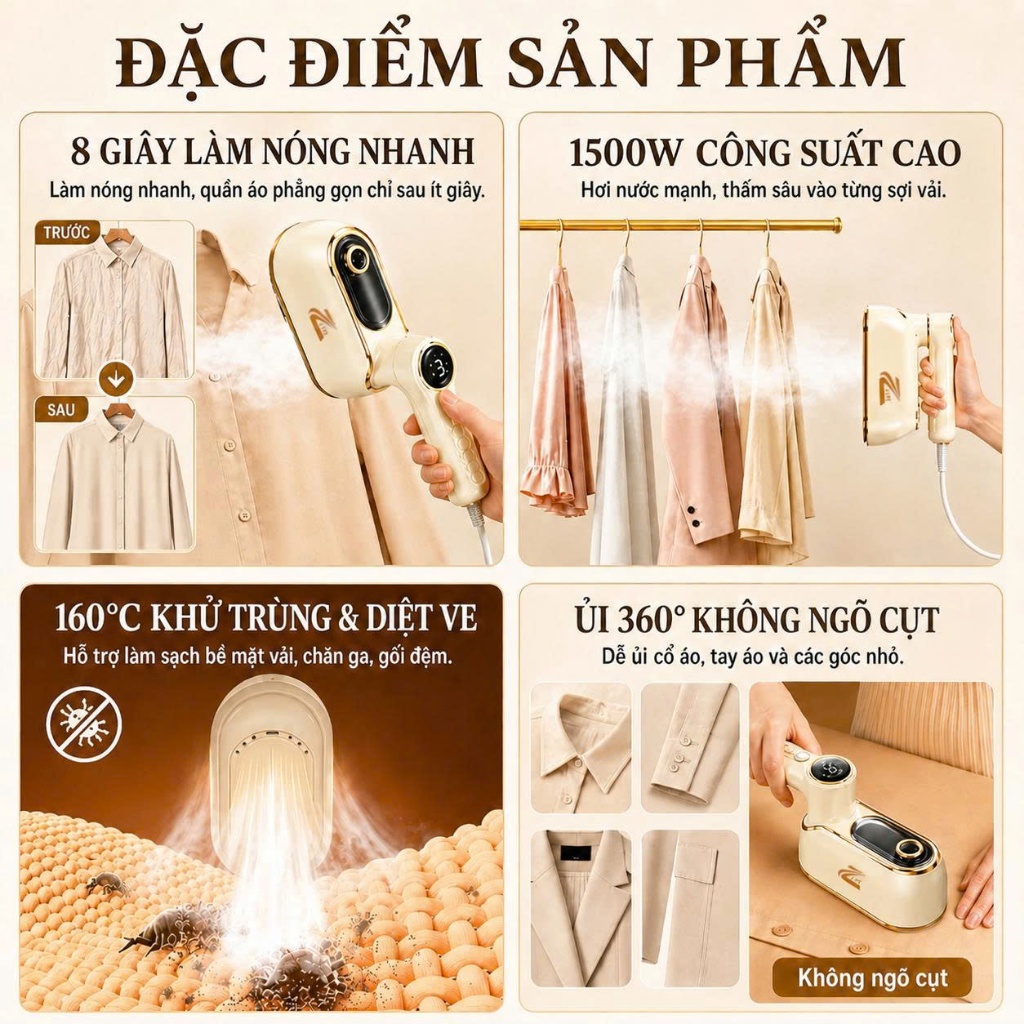 Bàn ủi hơi nước cầm tay Zlife chính hãng, Bàn là hơi nước mini công suất lớn 1500w gấp gọn 180°