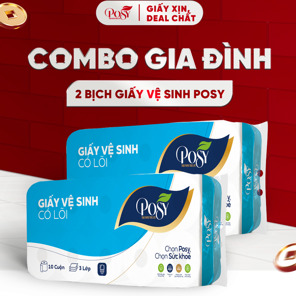 POSY_COMBO GIA ĐÌNH - 2 bịch Giấy vệ sinh POSY 10 cuộn 3 lớp không lõi - có lõi mềm mịn, DỄ TAN TRONG NƯỚC
