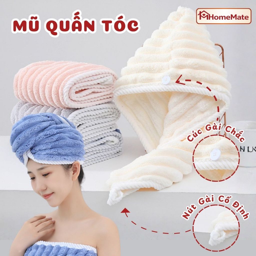 Khăn Quấn Tóc Siêu Thấm Hút Nhanh Khô – Mũ Ủ Tóc Sợi Bông Mềm, Khăn Lau Tóc Dày, Không Xù, Có Nút Cố Định