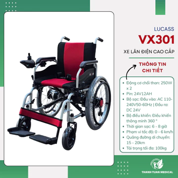 Xe lăn điện Lucass VX301 (XE-301) có vòng lăn tay - Gấp gọn dễ dàng, di chuyển an toàn