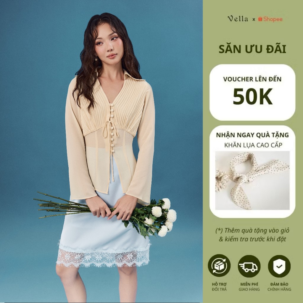 Áo Sơ Mi Voan Màu Kem Dáng Ôm Xếp Ly & Váy Lụa Viền Ren Dự Tiệc Nhẹ, Công Sở Vella VA26007 VV26008