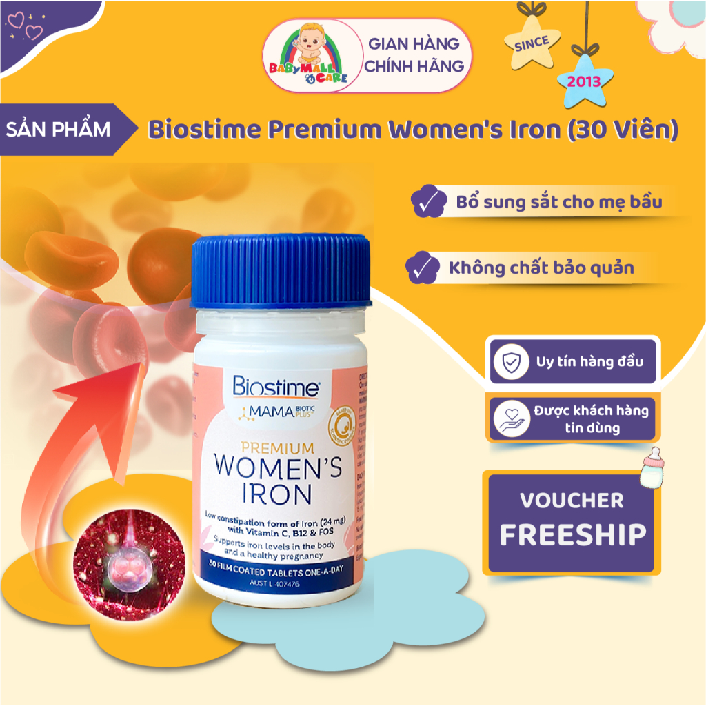 Viên Uống Bổ Sung Sắt Hữu Cơ Biostime Premium Women's Iron Ngừa Thiếu Máu 30 Viên | Babymall & Care