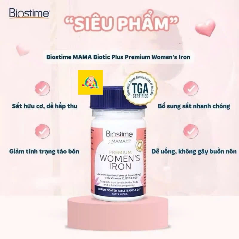 Viên Uống Bổ Sung Sắt Hữu Cơ Biostime Premium Women's Iron Ngừa Thiếu Máu 30 Viên | Babymall & Care