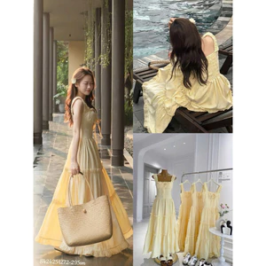 Váy nữ EMA maxi 2 dây bèo nhún siêu xinh, Đầm kẻ sọc bo chun đi biển phong cách tiểu thư