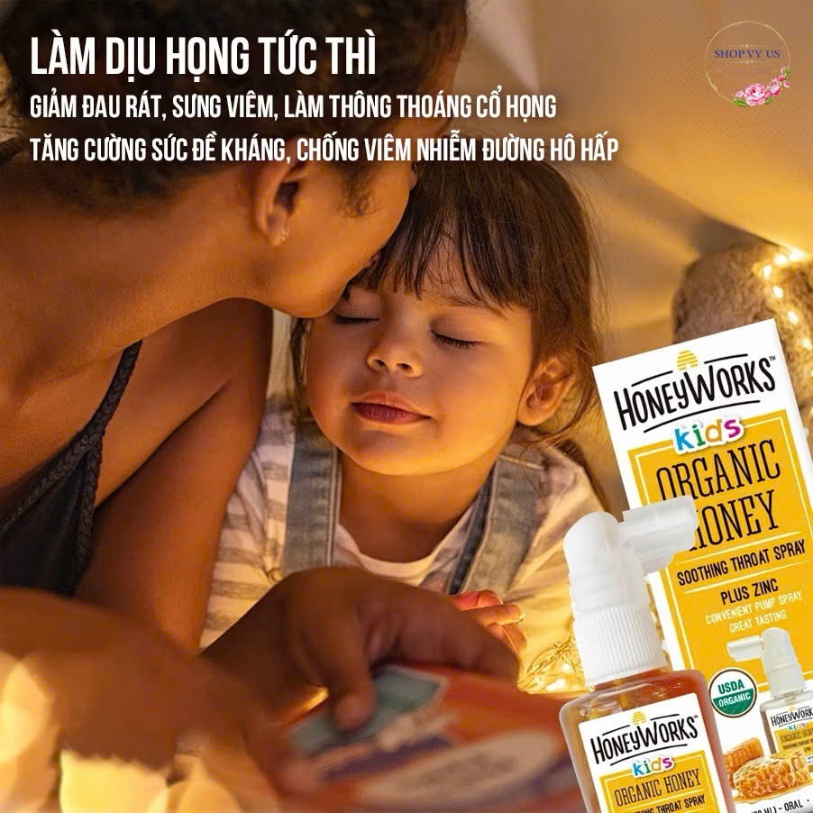 Xịt Họng HoneyWorks Kids Organic Honey Plus Zinc Giảm Ho Dịu Cổ Họng 30ml | Babymall & Care
