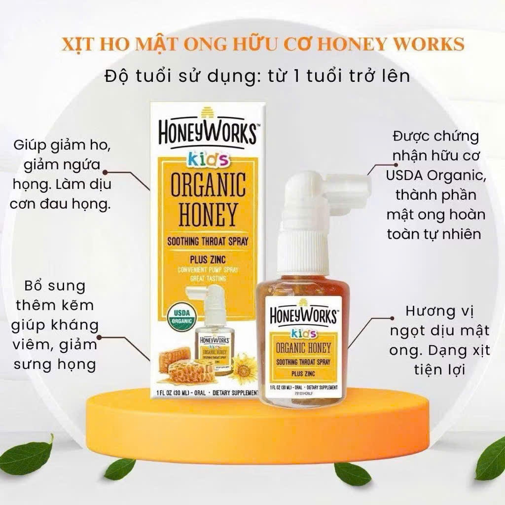 Xịt Họng HoneyWorks Kids Organic Honey Plus Zinc Giảm Ho Dịu Cổ Họng 30ml | Babymall & Care