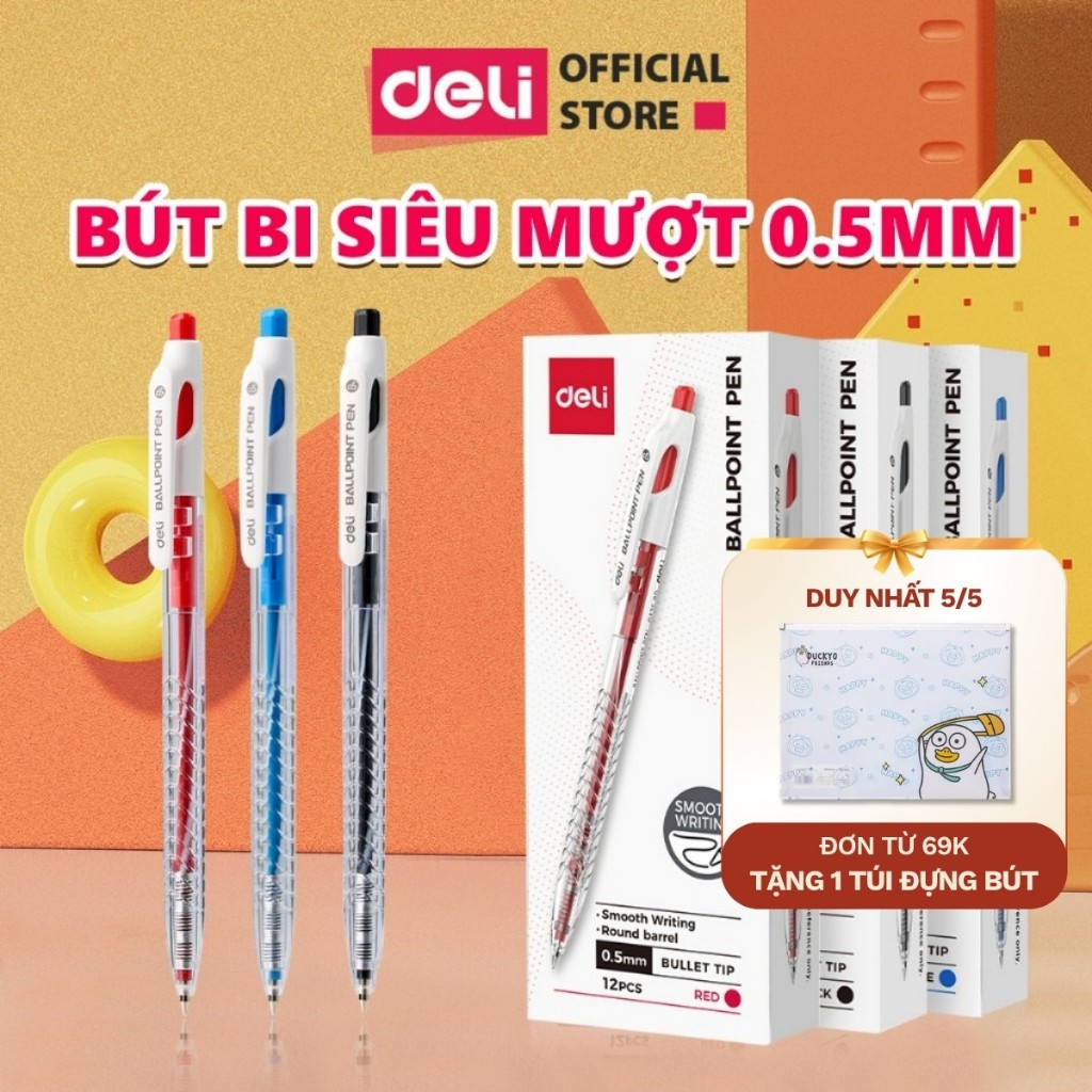 [🔥5/5 TẶNG TÚI ĐỰNG BÚT ] Combo 5/12 Bút Bi Ngòi 0.5mm Deli Cao Cấp Xanh/Đen/Đỏ Nét Thanh Mảnh Nét Mực Trơn