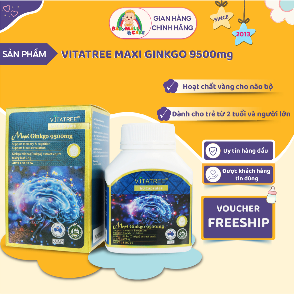 Viên Uống Hỗ Trợ Trí Nhớ Và Tuần Hoàn Não Vitatree Maxi Ginkgo 9500mg (Hộp 60 Viên) |Babymall & Care