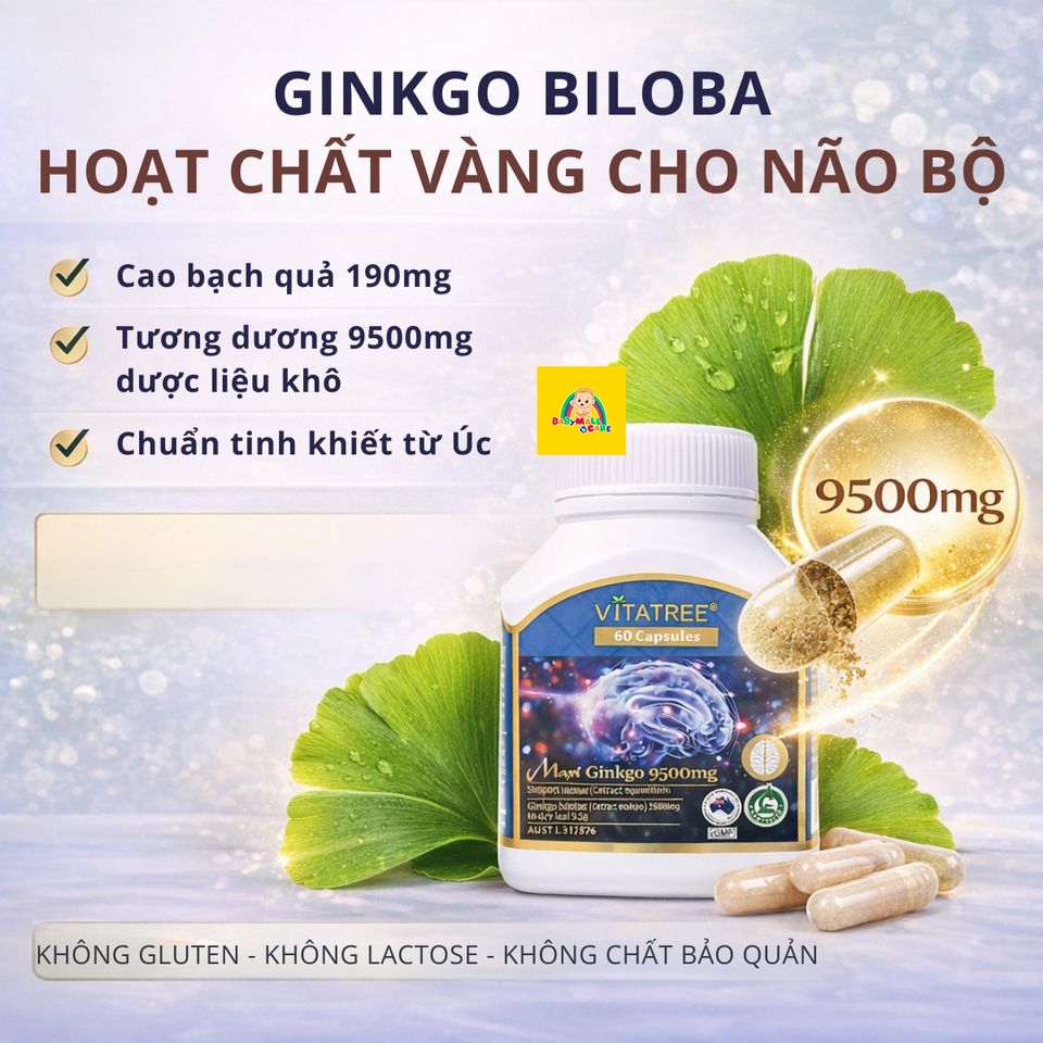 Viên Uống Hỗ Trợ Trí Nhớ Và Tuần Hoàn Não Vitatree Maxi Ginkgo 9500mg (Hộp 60 Viên) |Babymall & Care