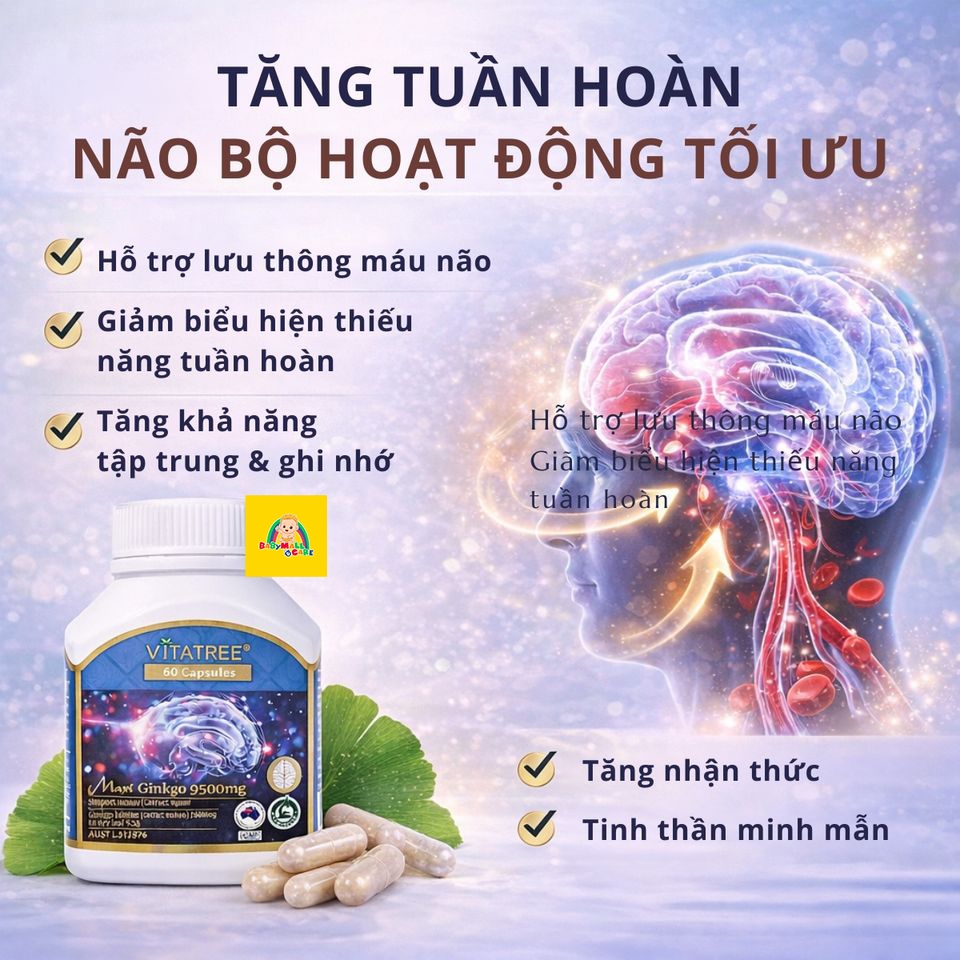 Viên Uống Hỗ Trợ Trí Nhớ Và Tuần Hoàn Não Vitatree Maxi Ginkgo 9500mg (Hộp 60 Viên) |Babymall & Care