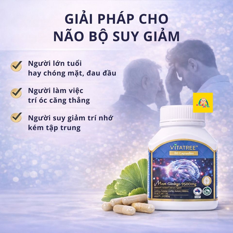 Viên Uống Hỗ Trợ Trí Nhớ Và Tuần Hoàn Não Vitatree Maxi Ginkgo 9500mg (Hộp 60 Viên) |Babymall & Care