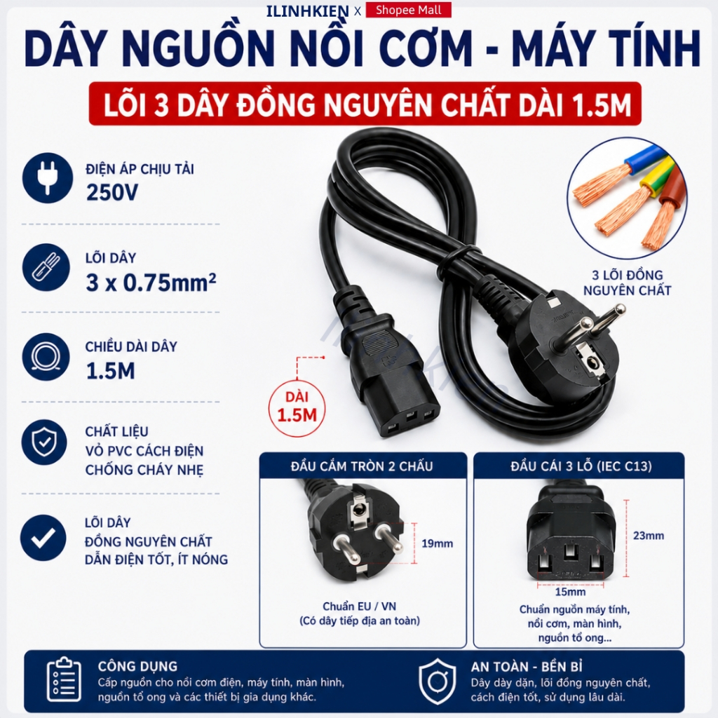 Dây nguồn nồi cơm điện dài 1,5m lõi 3x0.75mm chính hãng ilinhkien