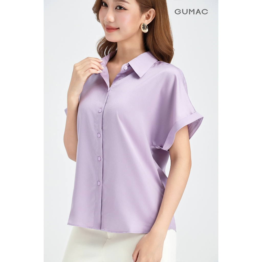 Áo Sơ Mi Nữ Tay Ngắn GUMAC Form Suông Cơ Bản Chất Liệu Lụa Mềm Mát Phối Tay Lật Lai AE04036