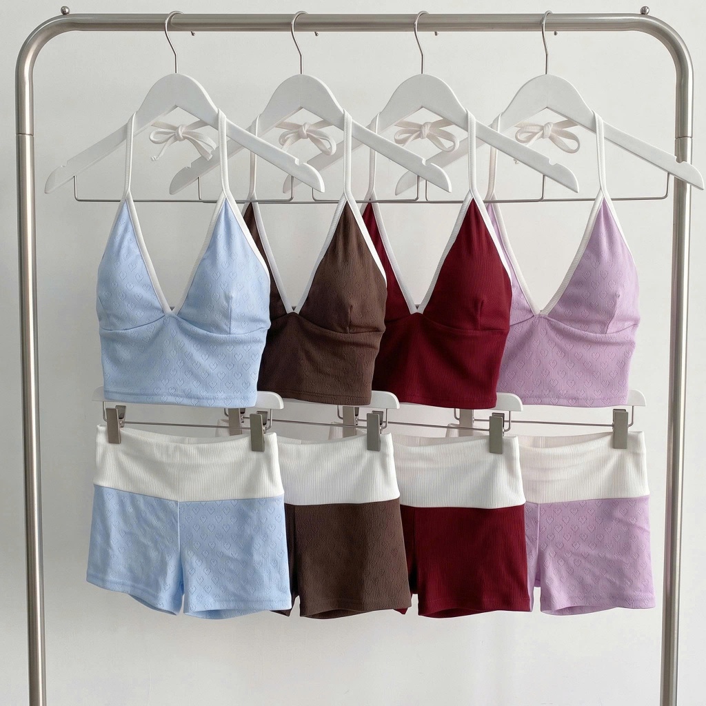 Set Nữ BABEE Gồm Áo Bra Không Mút Phối Quần Ngắn Họa Tiết Trái Tim Năng Động Cá Tính