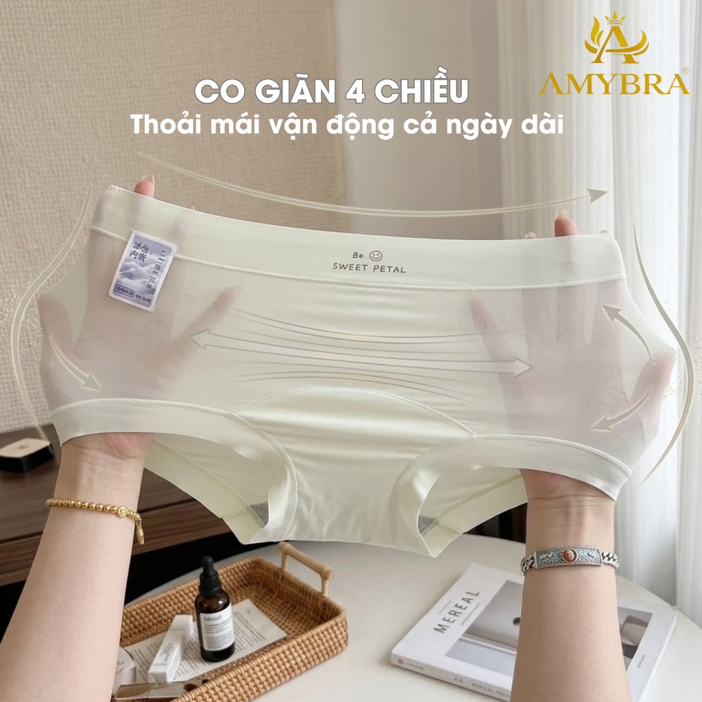 Hộp quà 5 quần lót boxer nữ chất su lụa màu pastel, Quần chip nữ cạp cao đáy cotton AMYBRA L5422