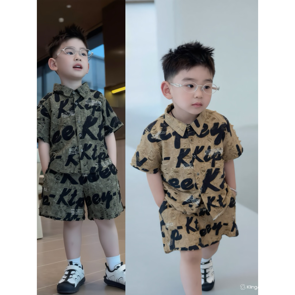 Bộ Sơ Mi Rách Chữ Bé Trai 15-45kg họa tiết đơn giản chất cotton dệt thoáng mát