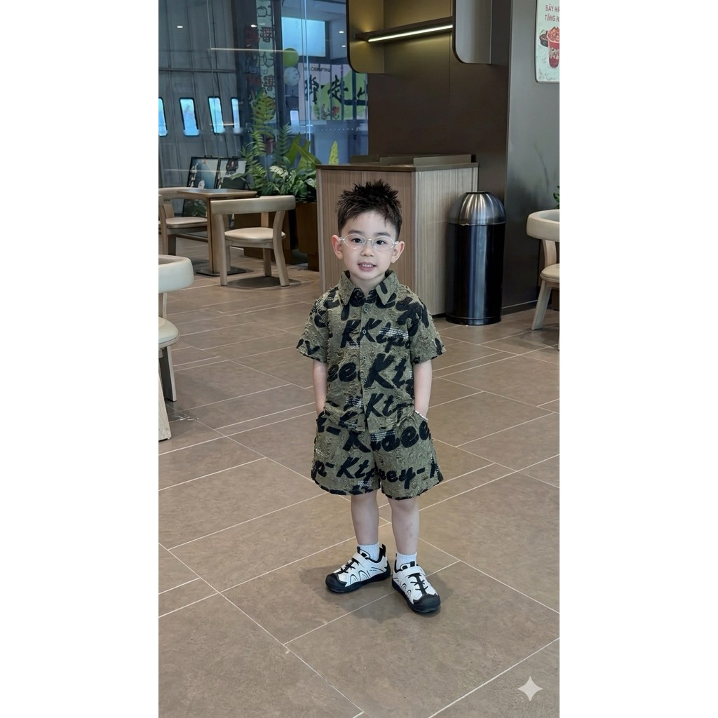 Bộ Sơ Mi Rách Chữ Bé Trai 15-45kg họa tiết đơn giản chất cotton dệt thoáng mát