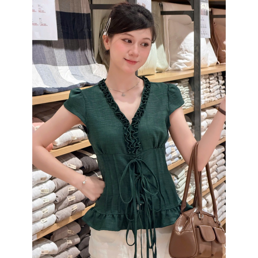 Áo kiểu cổ V bèo dây buộc nơ chiết eo Miha Studio