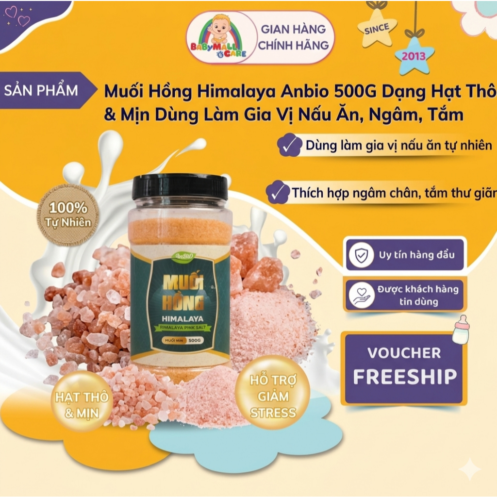 Muối Hồng Himalaya Anbio 500G Dạng Hạt Thô & Mịn Dùng Làm Gia Vị Nấu Ăn, Ngâm, Tắm | Babymall & Care