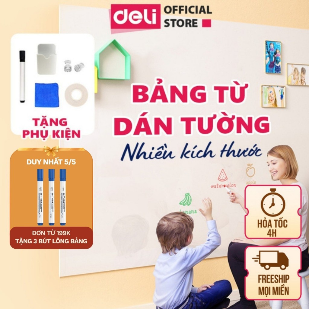 [🔥5/5 TẶNG BÚT LÔNG BẢNG] Bảng Từ Trắng Dán Tường Deli - Hút Nam Châm Viết Bút Lông Nhiều Kích Thước Ghi Chú Học Tập