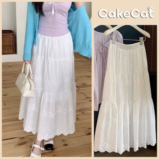 Chân Váy Midi Trắng Dài Xếp Tầng Thêu Hoa Nổi Lưng Chun Dáng Xòe Đi Biển Mùa Hè CV1001 - Cakecat