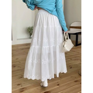 Chân Váy Midi Trắng Dài Xếp Tầng Thêu Hoa Nổi Lưng Chun Dáng Xòe Đi Biển Mùa Hè CV1001 - Cakecat