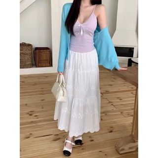 Chân Váy Midi Trắng Dài Xếp Tầng Thêu Hoa Nổi Lưng Chun Dáng Xòe Đi Biển Mùa Hè CV1001 - Cakecat