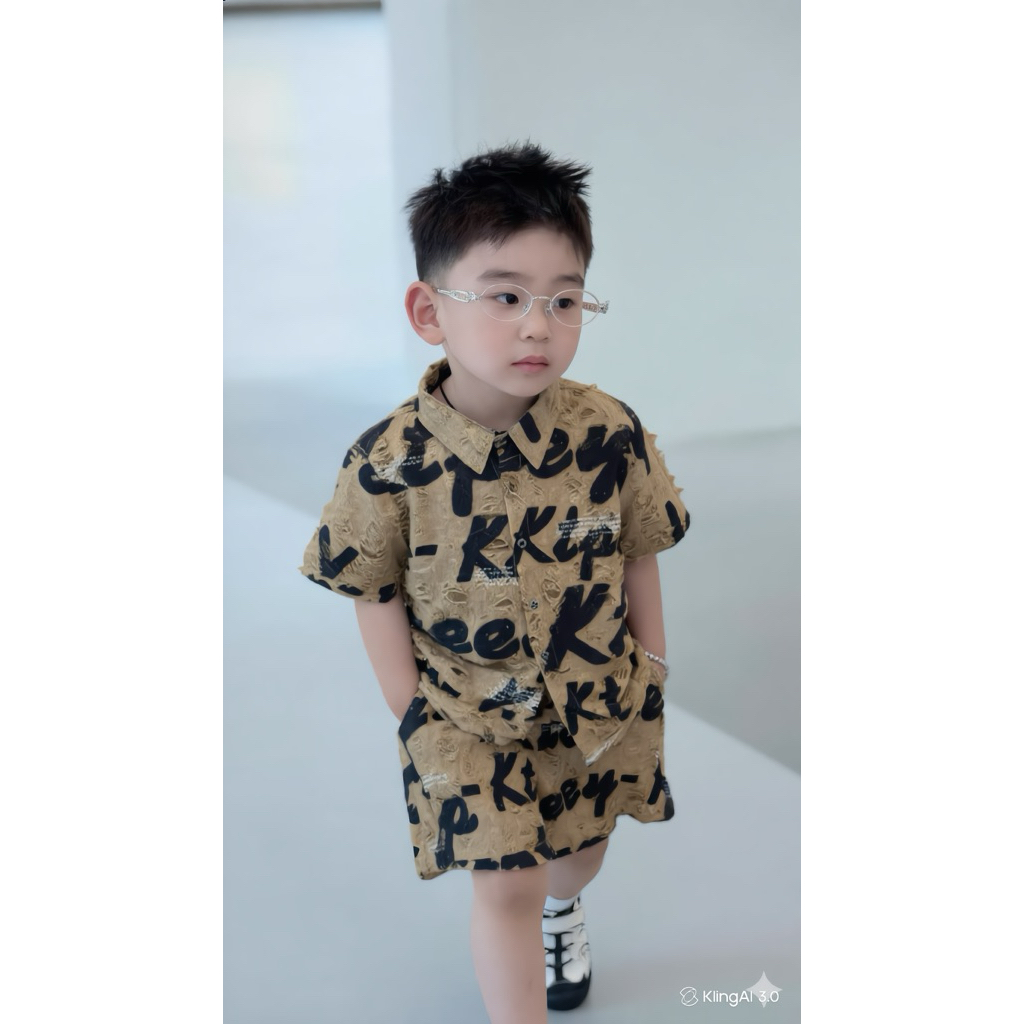 Bộ Sơ Mi Rách Chữ Bé Trai 15-45kg họa tiết đơn giản chất cotton dệt thoáng mát