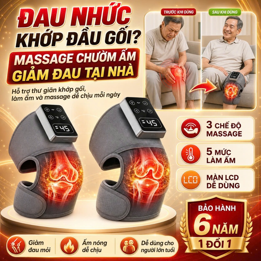 Máy Massage Đầu Gối Chườm Nóng Hồng Ngoại, Đai Massage Khớp Gối Khuỷu Tay Cao Cấp Cho Người Lớn Tuổi