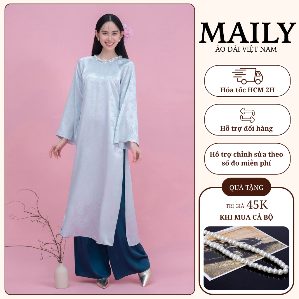 Áo Dài Gấm Tâm Giao Dáng Cách Tân Thiết Kế Trẻ Trung Cổ Tròn Tay Loe Phù Hợp Mặc Dạm Ngõ, Dự Tiệc - ÁO DÀI MAILY