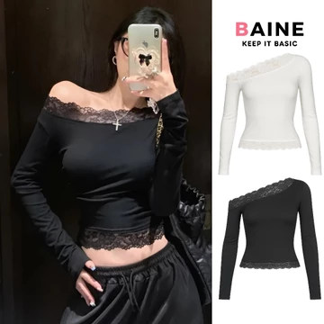 Áo Croptop Nữ TAY DÀI TRỄ VAI VIỀN REN Thun Gân Kiểu Sexy Nữ CR117, Áo Thun Lệch Vai Ôm Body BAINE
