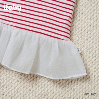 Áo thun bé gái ILABY HCM cổ tròn tăm kẻ sọc đỏ, dáng baby doll phối bèo voan trắng điệu đà [3844]