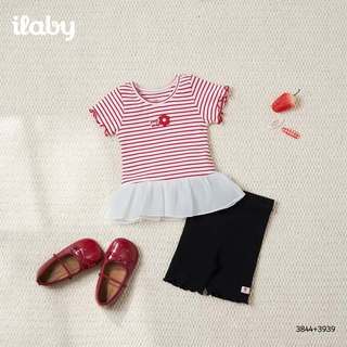 Áo thun bé gái ILABY HCM cổ tròn tăm kẻ sọc đỏ, dáng baby doll phối bèo voan trắng điệu đà [3844]