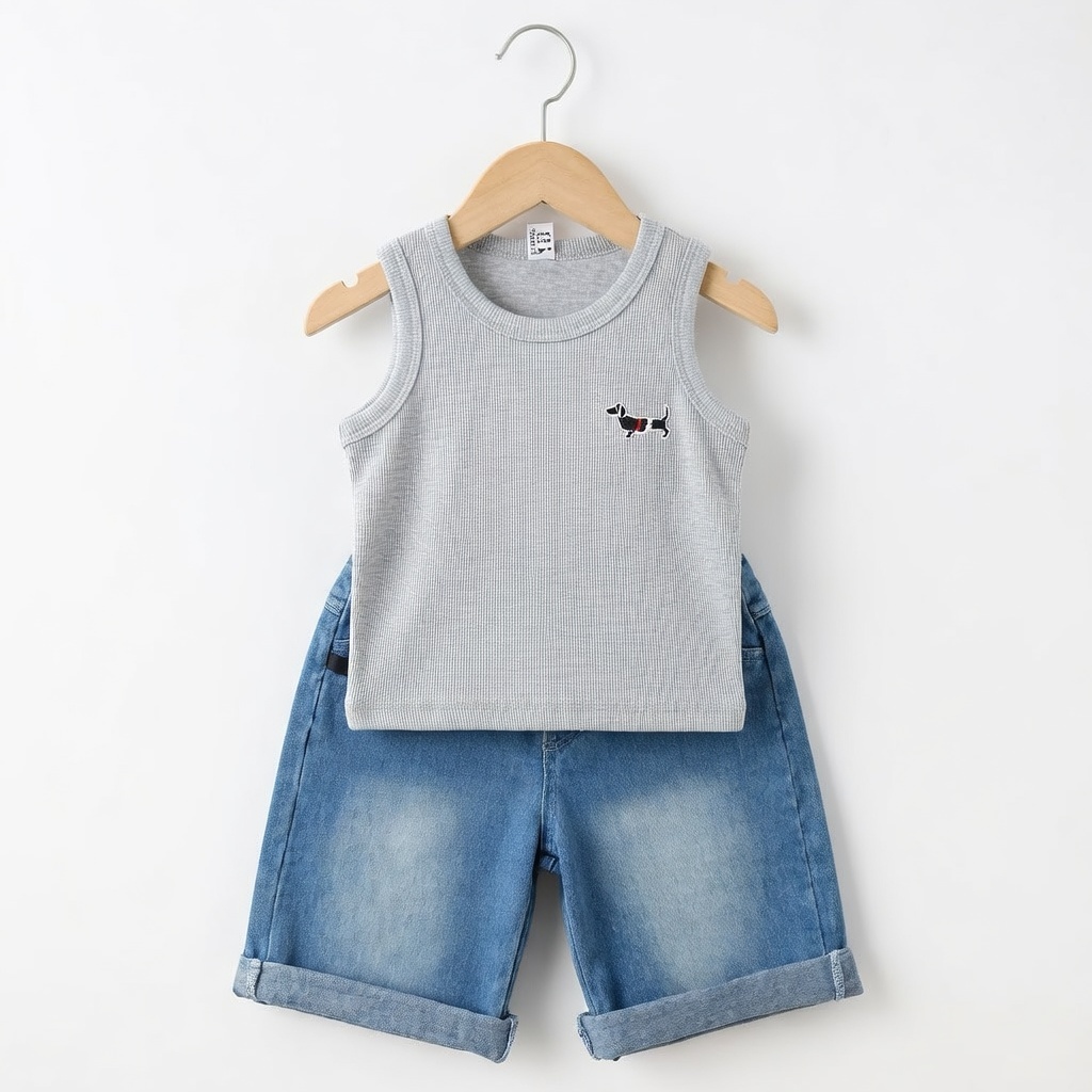 Set Bộ Bé Gái/ Bé Trai Mùa Hè Áo Thun Lạnh Sát Nách Phối Quần Short Jean Mềm Co Giãn Cao Cấp Gumiho Kids
