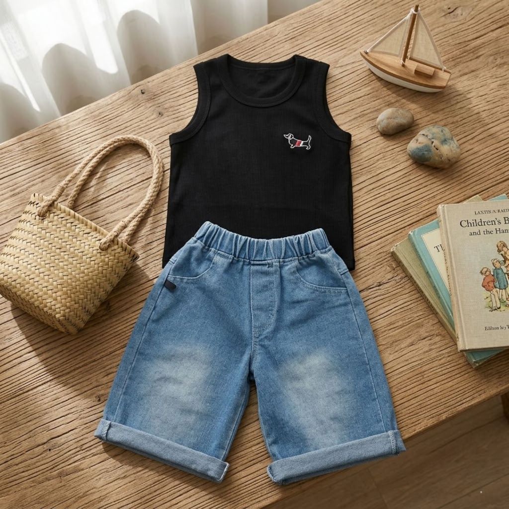 Set Bộ Bé Gái/ Bé Trai Mùa Hè Áo Thun Lạnh Sát Nách Phối Quần Short Jean Mềm Co Giãn Cao Cấp Gumiho Kids