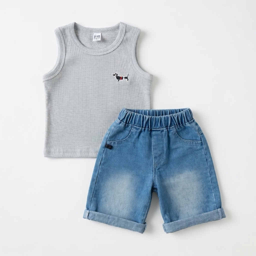 Set Bộ Bé Gái/ Bé Trai Mùa Hè Áo Thun Lạnh Sát Nách Phối Quần Short Jean Mềm Co Giãn Cao Cấp Gumiho Kids