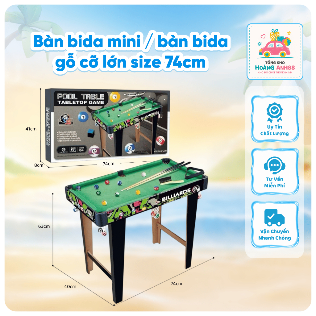 Bàn Bida Mini Gỗ Size 74cm – Bàn Bi-a Để Bàn Có Chân, Bộ Trò Chơi Giải Trí Gia Đình Kèm Phụ Kiện-Kho Đồ Chơi Hoàng Anh88