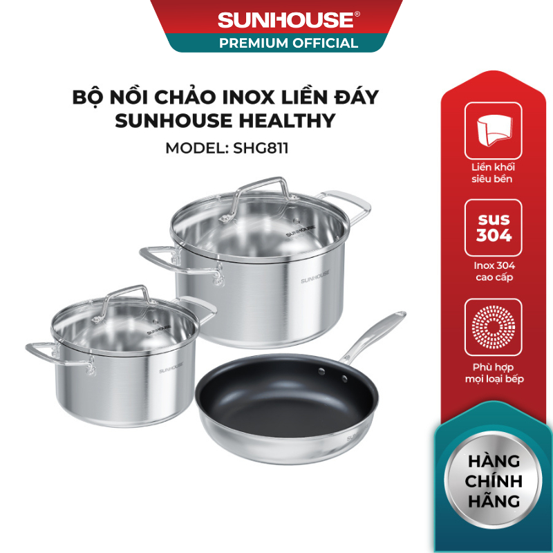 Bộ nồi chảo Inox liền đáy SUNHOUSE HEALTHY SHG811