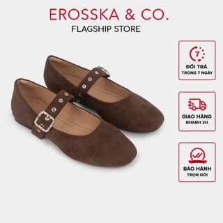 Erosska  - Giày búp bê nữ mũi tròn, quai ngang bảng to thời trang chất liệu da lộn màu nâu -  EL128
