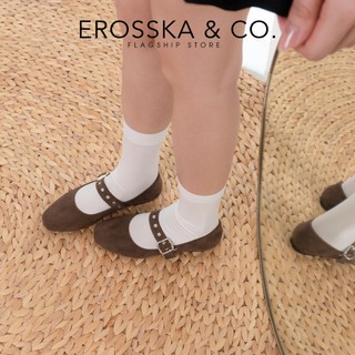 Erosska  - Giày búp bê nữ mũi tròn, quai ngang bảng to thời trang chất liệu da lộn màu nâu -  EL128