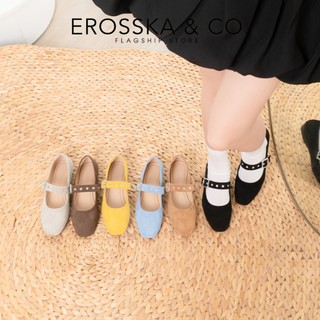 Erosska  - Giày búp bê nữ mũi tròn, quai ngang bảng to thời trang chất liệu da lộn màu nâu -  EL128