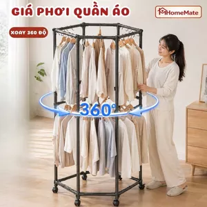 Giá Phơi Quần Áo Xoay 360° Có Bánh Xe – Kệ Phơi Đồ Đứng Khung Thép Chống Gỉ, Gấp Gọn, Treo Quần Áo Ban Công Phòng Ngủ