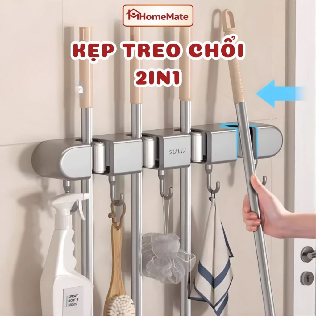 Kẹp Treo Chổi Dán Tường Kèm 5 Móc – Giá Treo Cây Lau Nhà Siêu Chắc, Không Khoan Tường, Chịu Lực Cao, Sắp Xếp Nhà Gọn Gàn